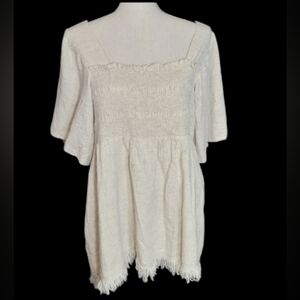 Umgee Cream Babydoll Ruched Top with Frayed Hem